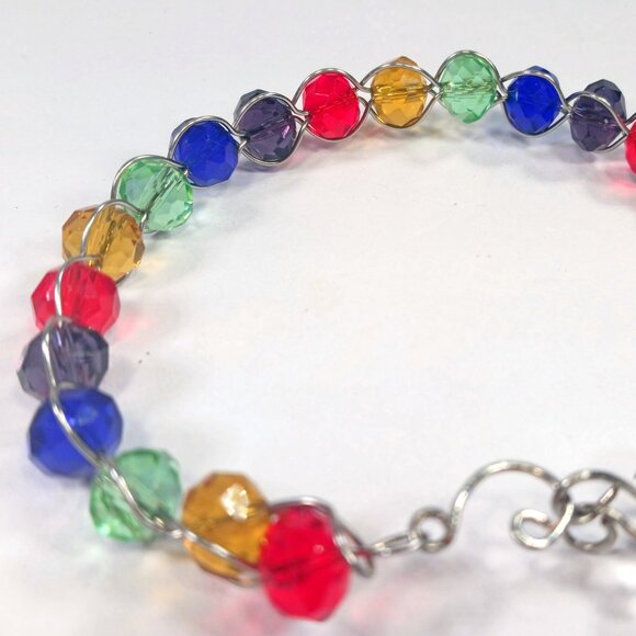 Rainbow Faceted Crystal Beaded Wire-Wrapped Bracelet - Picture 3 of 9